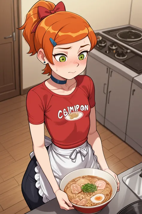 Gwen Tennyson . ginger .  very short hair . green eyes . flat breasts, flat chest, huge hips . slim body . choker . |  apron, shirt, red bandana, short sleeves, waist apron, closed mouth, ramen print shirt, collarbone, standing, cooking,  1girl, solo, open...