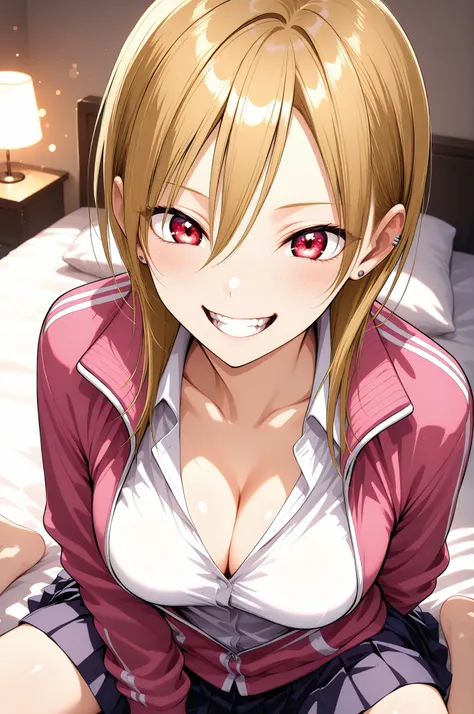 Anime Beautiful Girl, Laughter, showing teeth, beautiful skin, Slender Body, akutu_riko, red eyes, blonde hair, medium hair, hair between eyes, ear piercing, cleavage, pink track jacket, white shirt, collared shirt, pleated skirt, beautiful rainbow eyes ,...