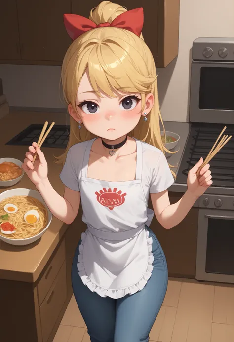 flat breasts. flat chest, skinny, huge hips, looking at viewer, 1o1a, blonde hair, tiara, Black eyes, earrings, necklace, choker. |apron, shirt, red bandana, short sleeves, waist apron, closed mouth, ramen print shirt, jeans, collarbone, standing, cooking,...