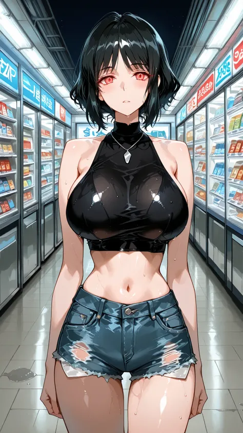 solo, Shem-Ha, black hair, short hair, glowing eyes, red eyes, mature woman, Tight waist、Small waist、shiny Skin , (upper body), sexy, score_9, score_8_up, score_7_up, source_anime,(extremely detailed CG), (best quality) sexy, score_9, score_8_up, score_7...