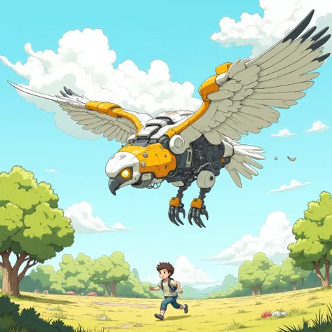 (masterpiece, best quality), illustration, (a highly detailed small hawk-shaped robot flying close:1.2), a wide open park with green grass and trees, a boy in light casual clothing with wearable gadgets running beside it, daytime, relaxed atmosphere, soft ...