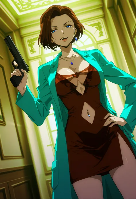 general,highres, ultra-detailed,very aesthetic,best quality ,best hands,best eyes,easynegative,
dynamic anglre, dutch angle, anime cloring,anime screencap,
1girl solo,looking at viewer,smile,indoors, hand on hip,
Sophie Landel,brown_hair, short_hair, blue_...