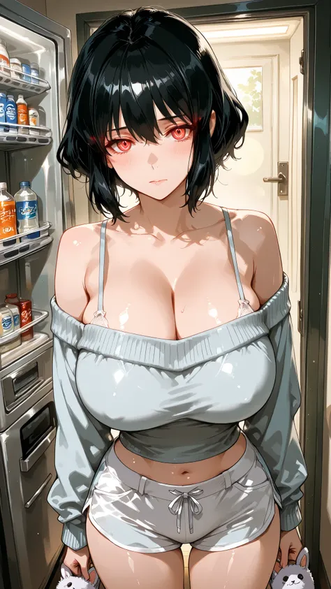 solo, Shem-Ha, black hair, short hair, glowing eyes, red eyes, mature woman, Tight waist、Small waist、shiny Skin , (upper body), sexy, score_9, score_8_up, score_7_up, source_anime,(extremely detailed CG), (best quality) sexy, score_9, score_8_up, score_7...