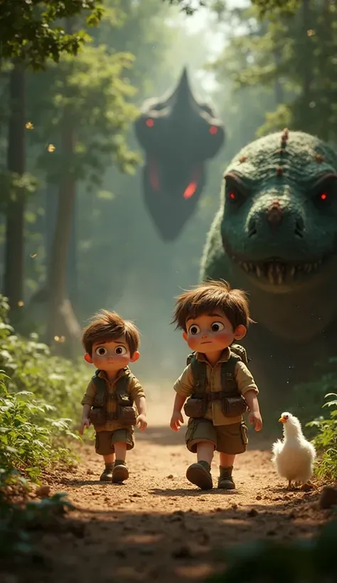 (2) Scene 2 – "The Ground Trembles"  
🎨 Style: Pixar 3D – cinematic lighting – ultra-detailed – dramatic forest tone – realistic fur and feathers – dynamic camera motion

(2.1) Leo and the white chicken walk along a forest path; Leo now wears a *brown expl...