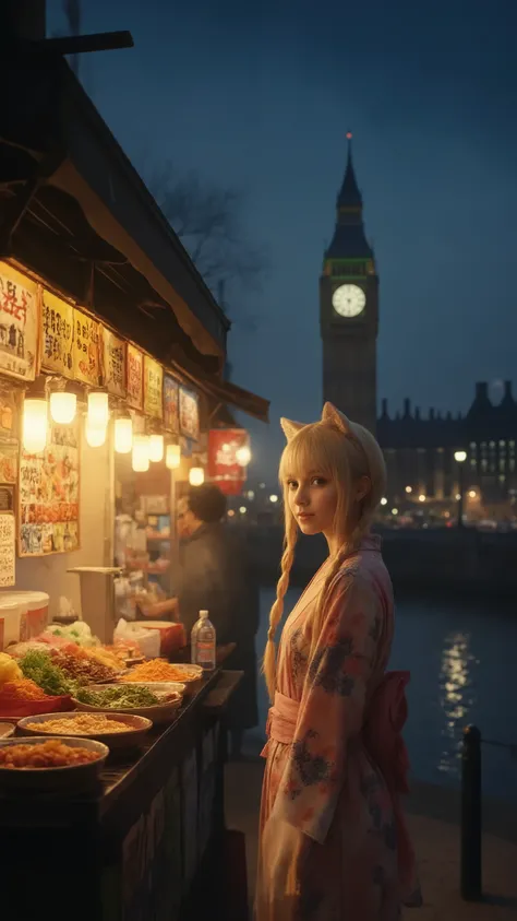 high-definition images、London、Beautiful image of Big Ben on the other side of the river、a beautiful blond girl with cat ears at night at the ramen stand in front of Big Ben、at the ramen stand in front of Big Ben