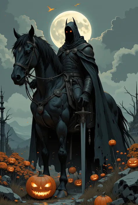 headless horseman without a head, dark and horror, dark magic, halloween pumpkin, halloween, evil medallion necklace, sword in hand, black large horse with red eyes , Pesade