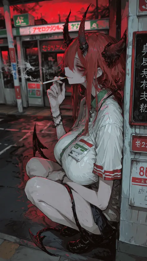 (masterpiece), (Highest Quality),(detail background), (very beautiful), 8k, 32K, high resolution,
(perspective:1.2)(blurry background:1.4),upper body/portrait,profile
,convenience store signboard,parking lot, Night, red sky,
girls,big breast,convenience ...