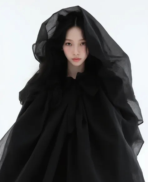 A close up of a woman sitting wearing a very large black dress covering all her body, snow white skin, white background