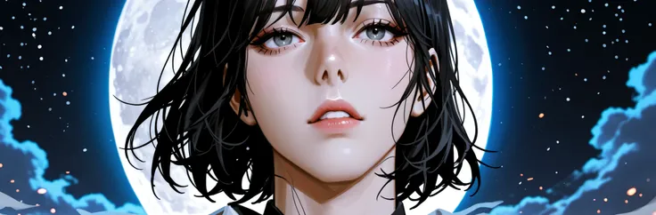 A close up of a person standing in front of a full moon., Han Sooyoung, an attractive young woman in demon hunter art, by Yang J, female anime character, handsome sensual woman from anime, Anime portrait of a beautiful woman, female anime style, work of ar...