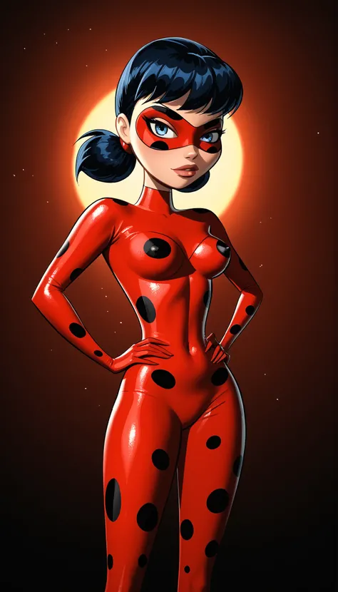 Marinette,joaninha,looking down at the viewer,completo_body exhibition,intricate detailed portrait, Ladybug superhero in mask,young girl with dark hair and blue eyes,Ladybug costume with red and black spots,expression of confidence,hands on hips,high resol...