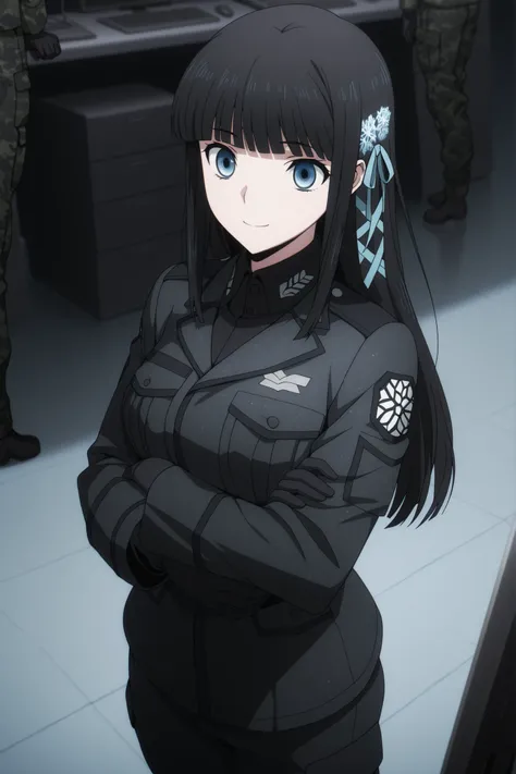 absurdres, (((Ultra HD))), (((Ultra High Quality))), ((hyper detailed)), ((Ultra High Resolution)), (Highly rendered), ((detailed eyes)), (((8K))), ((perfect face)), ((masterpiece)), cinematic, solo, 1girl, tall, black military combat uniform, black camou...