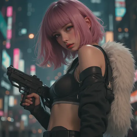 Photo Real、realistic skin texture、tight cyberpunk fashion、Fluffy Shoulder-Length Hair、dim cyberpunk city、beautiful pink eyes、pink hair、gun