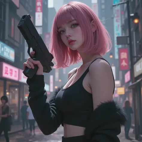Photo Real、realistic skin texture、tight cyberpunk fashion、Fluffy Shoulder-Length Hair、dim cyberpunk city、beautiful pink eyes、pink hair、gun