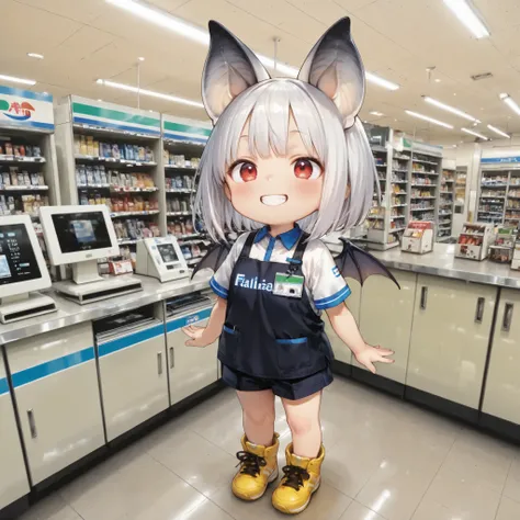 chibi,,mesugaki,(1 person)、full body、2.5 heads tall、 Bat Girl Standing at a Convenience Store in Hell、black bat ears、bat wings on the back、red eyes、white bob hair、(Concealed Hair:1.4）、young face、grin、Convenience Store Uniform、yellow sneakers、Focus on my da...
