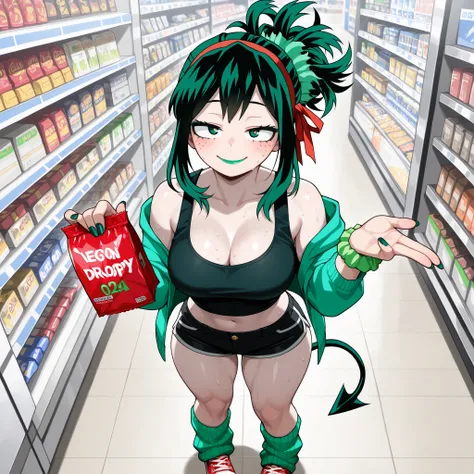 ((Highest Quality)), ((Convenience store background)), (My Hero Academia Style), (by night), 1female, female, medium Breast, thighs, hips, thick shins, solo, Athletic body, tall, standing, Midoriya Izuku, gender bender, half-closed eyes, green eyes, (very ...
