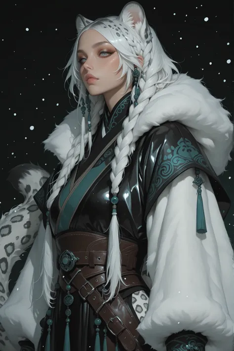 Female snow leopard demihuman, wearing 12th-century Mongolian nomadic clothing, long fur-trimmed deel robe, leather belt, turquoise jewelry, braided hair with beads, snow leopard ears and thick spotted tail