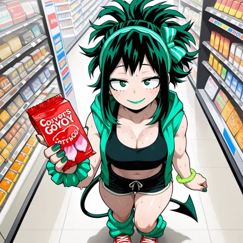 ((Highest Quality)), ((Convenience store background)), (My Hero Academia Style), (by night), 1female, female, medium Breast, thighs, hips, thick shins, solo, Athletic body, tall, standing, Midoriya Izuku, gender bender, half-closed eyes, green eyes, (very ...