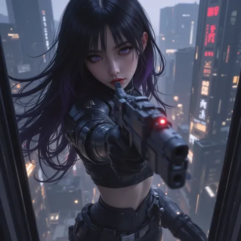 Photo Real、realistic skin texture、gun、extremely tight cyberpunk suit、beautiful long hair、dim cyberpunk city、Beautiful pale violet eyes、Black hair with slightly purple tips、高所から地面に着地してgunを向けて、