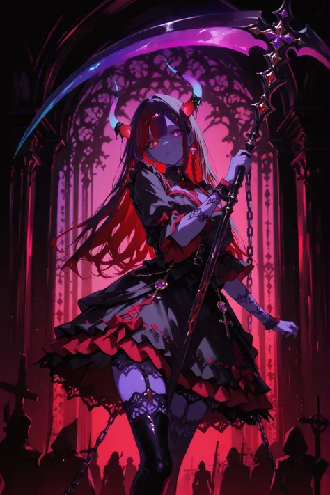 glowing eyes, wide smile, glowing horns,vibrant colors, silhouette, insane, dark art, madness,yandere,((purple and red eyes)), ((purple and red eyes)), ((heterochromatic iris))、expressionless, female, young female, pinkish-gray skin, The image shows an ind...