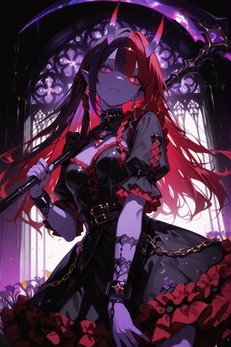 glowing eyes, wide smile, glowing horns,vibrant colors, silhouette, insane, dark art, madness,yandere,((purple and red eyes)), ((purple and red eyes)), ((heterochromatic iris))、expressionless, female, young female, pinkish-gray skin, The image shows an ind...