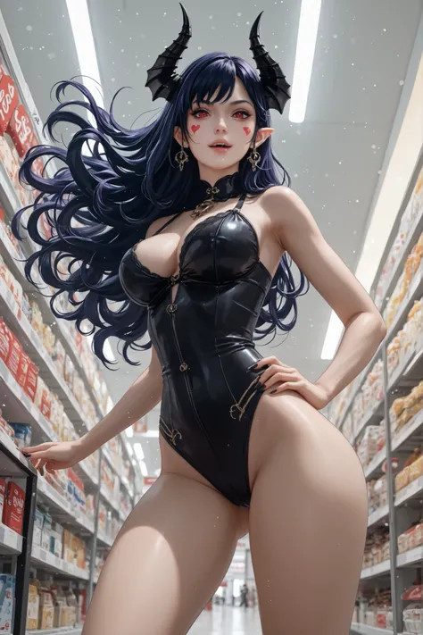 Caera Denoir, 1girl, solo,dark blue hair, long hair, intricate demon horns, red eyes,,Japanese convenience store in Hell, black horns, purple eyes, earrings, pointy ears, purple hair, red eyes, fangs, facial mark,(obra-prima:1.2),DEMON WOMAN STANDING, chif...