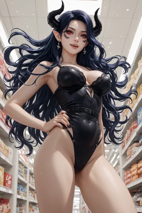 Caera Denoir, 1girl, solo,dark blue hair, long hair, intricate demon horns, red eyes,,Japanese convenience store in Hell, black horns, purple eyes, earrings, pointy ears, purple hair, red eyes, fangs, facial mark,(obra-prima:1.2),DEMON WOMAN STANDING, chif...