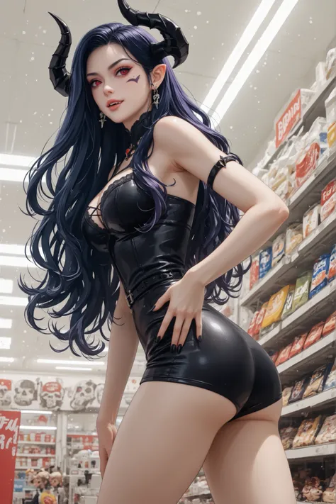 Caera Denoir, 1girl, solo,dark blue hair, long hair, intricate demon horns, red eyes,,Japanese convenience store in Hell, black horns, purple eyes, earrings, pointy ears, purple hair, red eyes, fangs, facial mark,(obra-prima:1.2),DEMON WOMAN STANDING, chif...