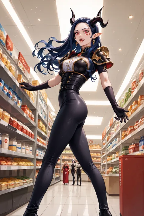 tight white blouse with golden buttons, high-waisted black fitted pants, black gloves, black high-heeled boots, gothic armored shoulder pad, Caera Denoir, 1girl, solo,dark blue hair, long hair, intricate demon horns, red eyes,Japanese convenience store in ...