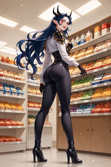 tight white blouse with golden buttons, high-waisted black fitted pants, black gloves, black high-heeled boots, gothic armored shoulder pad, Caera Denoir, 1girl, solo,dark blue hair, long hair, intricate demon horns, red eyes,Japanese convenience store in ...