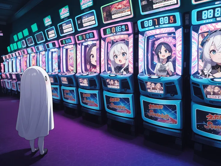 masterpiece,Highest Quality,high resolution,super detailed,8K,Shirogane Ratio,2 girls,Pale Ghost,cute face of doubt,hiding in the bushes outside of a late-night pachinko parlor、neon lights,watching