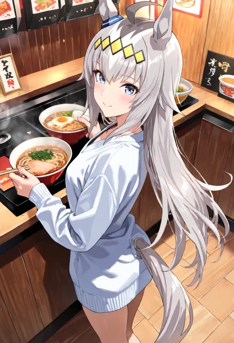 (masterpiece, best quality, perfect face:1.4), wide angle, oguri cap \(umamusume\), 1girl, blue eyes, multicolored hair, long hair, grey hair, ahoge, hair ornament, horse ears, horse tail, tail on the lower back, proportional body, proportional, beautiful ...