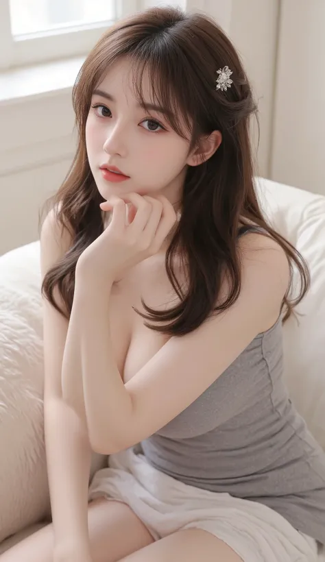 ((best quality)), 1girl,  long wavy brown hair, grey tank top, sleeves less top , massive breast, sitting on sofa, white skin, bangs, hair accessories,  , cute face structure, 