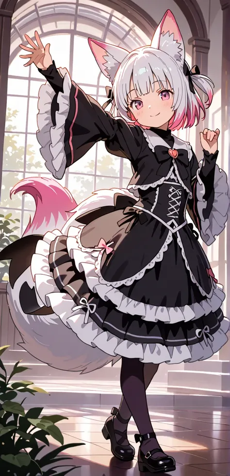 masterpiece,Highest Quality,elementary school student,girls,magical girl,Gatherscapes,gothic lolita clothes,smile, fox colored hair,fox ears,foxtail,Fox Dance,
