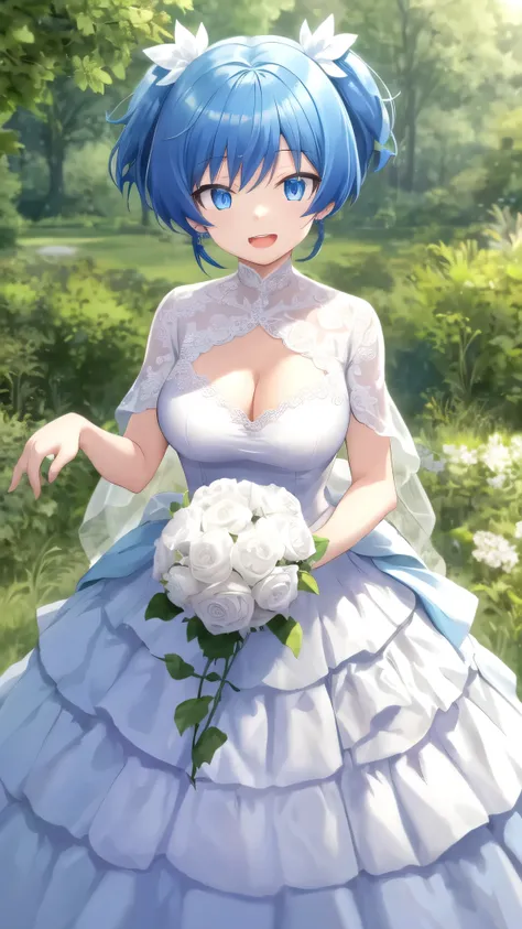 Masterpiece, Best Quality, girl, looking at viewer, Shiota Nagisa, blue hair, short hair, short twintails, blue eyes, large breasts, wedding Dress, standing, smile, open mouth, outdoors 