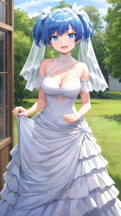 Masterpiece, Best Quality, girl, looking at viewer, Shiota Nagisa, blue hair, short hair, short twintails, blue eyes, large breasts, wedding Dress, standing, smile, open mouth, outdoors 