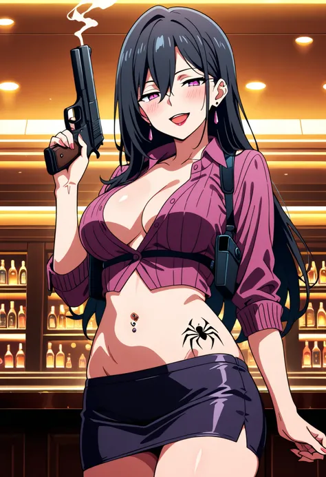 score_9,score_8_up,score_7_up,score_6_up, source_anime, zPDXL, mature woman, long hair, black hair, purple eyes, hair between eyes, medium breasts, , ear piercing, long hair, blush, lipstick,Hot girl, baddie, smoking, sensual, attractive ,bar
background...