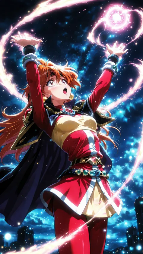 The moment when magical energy is gathered and is about to be unleashed , Charging a red energy ball with both hands , 1girl , solo , lina inverse
, retro artstyle , arms raised in the air, hands up, outstretched arms , looking up , open mouth , Dynamic Po...