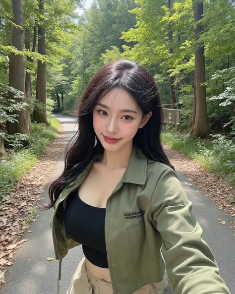 s3lfi3, 1girl, solo, long hair, looking at viewer, black hair, long wavy hair,
wearing an olive-green cropped hiking jacket over a fitted black tank top,
paired with high-waisted cargo shorts in beige for an outdoor adventure look,
upper body visible from ...