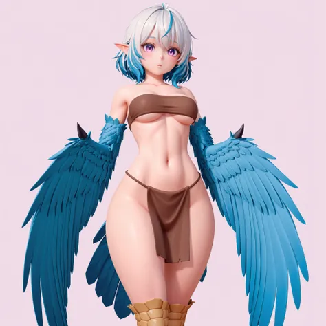 masterpiece, ultra-HD, impressionism, high detail, best quality, very aesthetic, 8K, best quality, beautiful, ultra-high resolution, 32K UHD, sharp focus, 3D, VRChatStyle, 1girl, solo, harpy, blue feathers, short messy white hair, blue hair, multicolored h...