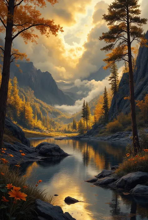 “Ultra high resolution, ultra HD illustration. Mystical golden forest landscape with a calm river reflecting warm golden light. Dramatic composition with dark gray and charcoal tones in the background, contrasted by glowing golden sunlight breaking through...