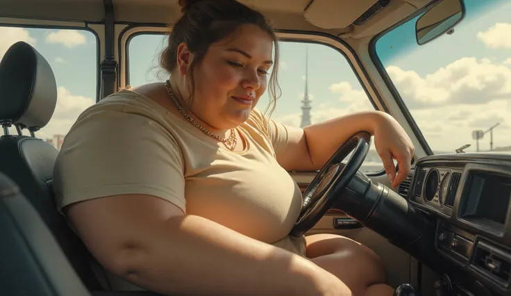 Young giantess girl barely sits in a small car and presses the steering wheel with her enormously gigantic breasts covered by shirt.