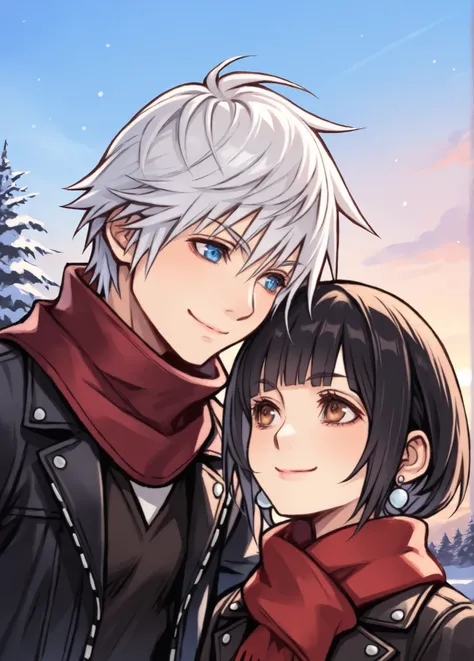 tetsuyaxd,
masterpiece, best quality, amazing quality, very aesthetic, absurdres, newest, detailed background, 4k, 8k, outdoors,
1girl, 1boy, black hair, jewelry, blue eyes, smile, earrings, brown eyes, scarf, bangs, blunt bangs, short hair, black jacket, ...