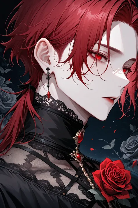 1boy,male, A captivating portrait of a pale-skinned, male with messy red hair, adorned with intricate lace detailing on his black attire, featuring roses, exuding a gothic and ethereal aesthetic, emphasizing handsome features,,masterpiece, best quality,ab...