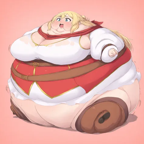 solo, 1girl, rittolbase, large breasts, blonde hair,
white dress, long hair, hair bun, french braid, red scarf, cleavage, juliet sleeves, long sleeves, red underbust, belt, brown thighhighs, ,  fat, chubby, obese, gigantic arms and legs, large breasts, swe...