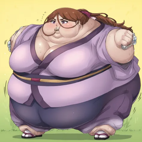  kenshinsatsuki, purple eyes, brown hair, hair between eyes, hair ribbon, long hair, ponytail BREAK
purple kimono, blue sweatpants, sandals, ,  fat, chubby, obese, gigantic arms and legs, large breasts, sweating, wet body, swollen face, Fat_neck , Fat head...