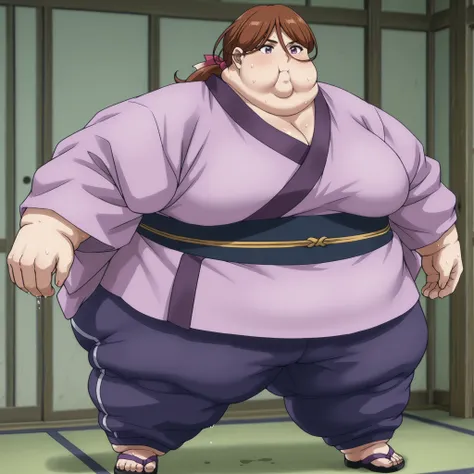  kenshinsatsuki, purple eyes, brown hair, hair between eyes, hair ribbon, long hair, ponytail BREAK
purple kimono, blue sweatpants, sandals, ,  fat, chubby, obese, gigantic arms and legs, large breasts, sweating, wet body, swollen face, Fat_neck , Fat head...