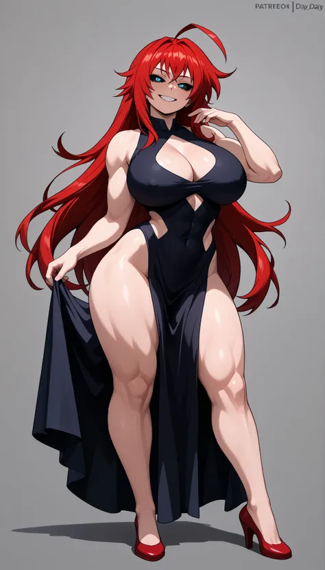 ((Highest Quality)), ((Simple light grey background)), (((My Hero Academia Style))), (by day), 1female, female, mature women, large Breast, thighs, hips, thick shins, solo, Athletic body, tall, standing, (Full Body), Red haired, redhead, large hair, long h...