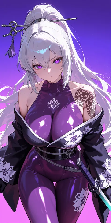 Ishmael, Silver hair, sidelocks, black hairband, hair stick, purple eyes, face freckles, black shoulder tattoos, flower pattern kimono, wide sleeves, black sash, Masterpiece, mature woman, Kurokumo Ishmael (Limbus Company), tall body, slim, upper body, ult...