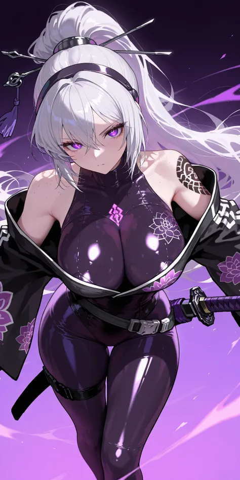 Ishmael, Silver hair, sidelocks, black hairband, hair stick, purple eyes, face freckles, black shoulder tattoos, flower pattern kimono, wide sleeves, black sash, Masterpiece, mature woman, Kurokumo Ishmael (Limbus Company), tall body, slim, upper body, ult...