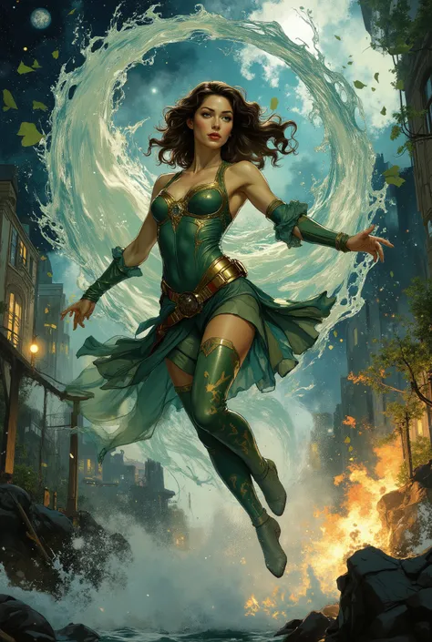 A beautiful female superhero of the natural elements floats in the air. Typical superhero pose. A water storm sets off around her, fuoco, foglie e aria. Behind her the cosmos